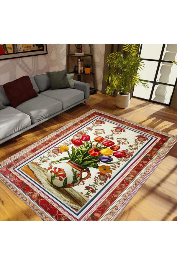 Renkli Laleler Desenli Dokuma Şönil Kilim Halı Yıkanabilir Salon Oturma Odası Mutfak Halısı