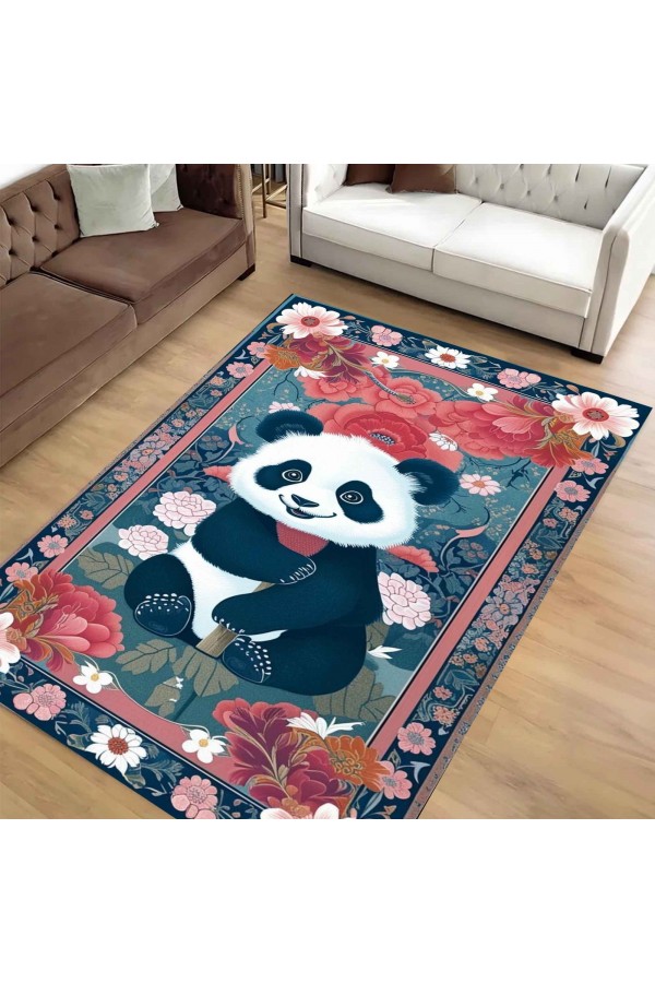 Renkli Panda Desenli Dokuma Şönil Kilim Halı Yıkanabilir Salon Oturma Odası Mutfak Halısı