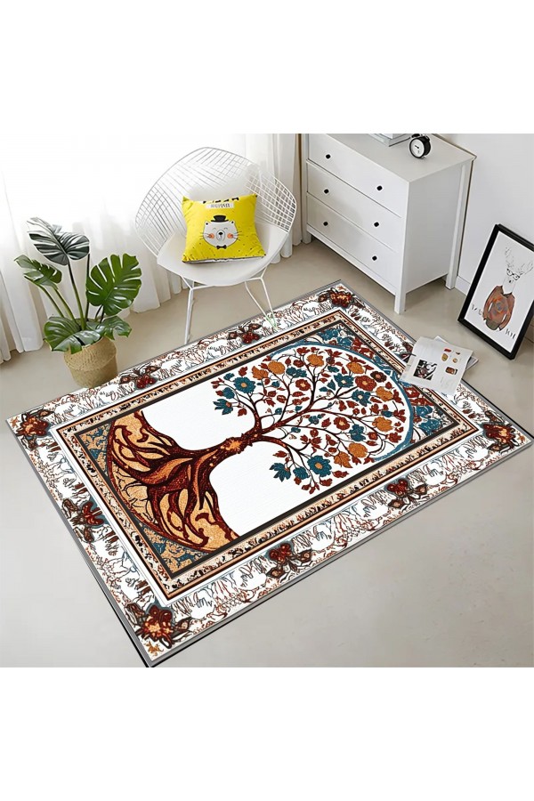 Retro Yaşam Ağacı Desenli Dokuma Şönil Kilim Halı Yıkanabilir Salon Oturma Odası Mutfak Halısı