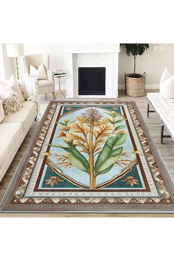 Retro Sarı Çiçek Desenli Dokuma Şönil Kilim Halı Yıkanabilir Salon Oturma Odası Mutfak Halısı