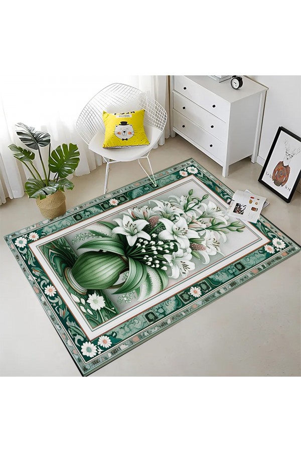 Yeşil Çiçek Desenli Dokuma Şönil Kilim Halı Yıkanabilir Salon Oturma Odası Mutfak Halısı