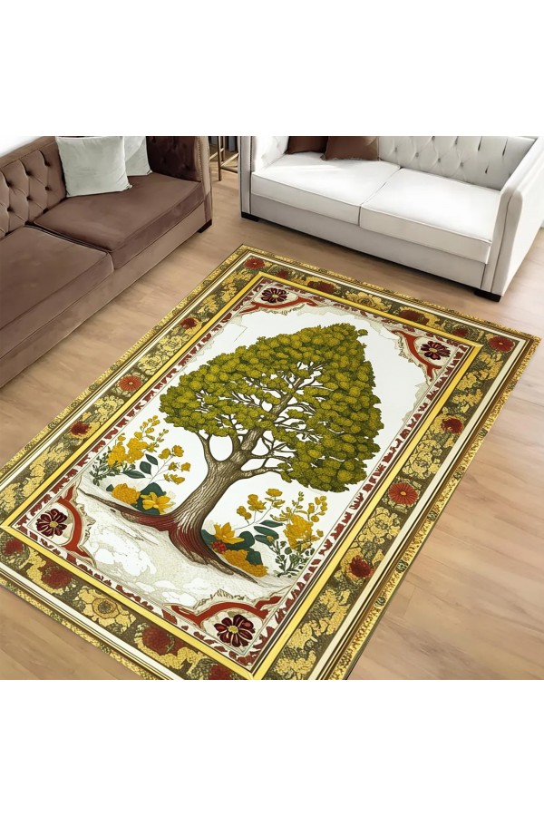 Ağaç Desenli Dokuma Şönil Kilim Halı Yıkanabilir Salon Oturma Odası Mutfak Halısı