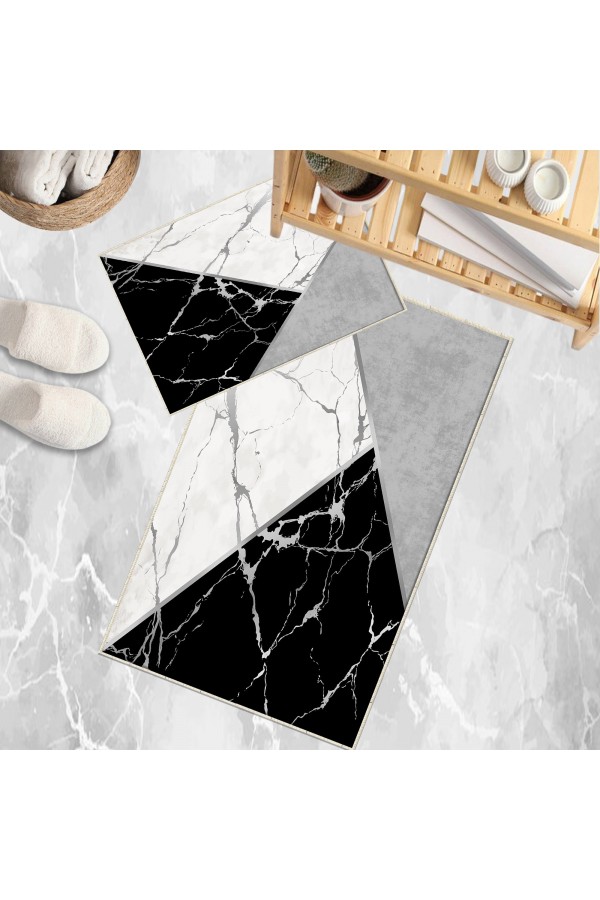 Gri Siyah Karolar Desenli 2 li Klozet Takımı Banyo Paspas Halısı Kaymaz Yıkanabilir Gri Siyah Karolar Desenli 2 li Klozet Takımı Banyo Paspas Halısı Kaymaz Yıkanabilir