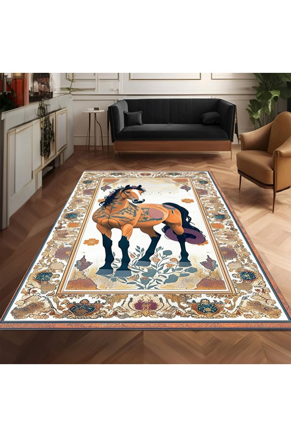 Sevimli At Desenli Dokuma Şönil Kilim Halı Yıkanabilir Salon Oturma Odası Mutfak Halısı