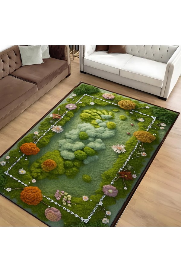 Moss Çimen Desenli Dokuma Şönil Kilim Halı Yıkanabilir Salon Oturma Odası Mutfak Halısı