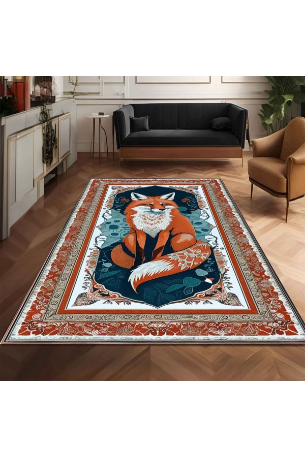 Turuncu Tilki Desenli Dokuma Şönil Kilim Halı Yıkanabilir Salon Oturma Odası Mutfak Halısı