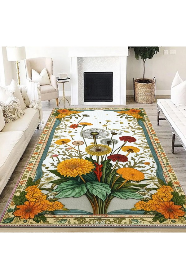 Karahindiba Çiçek Desenli Dokuma Şönil Kilim Halı Yıkanabilir Salon Oturma Odası Mutfak Halısı