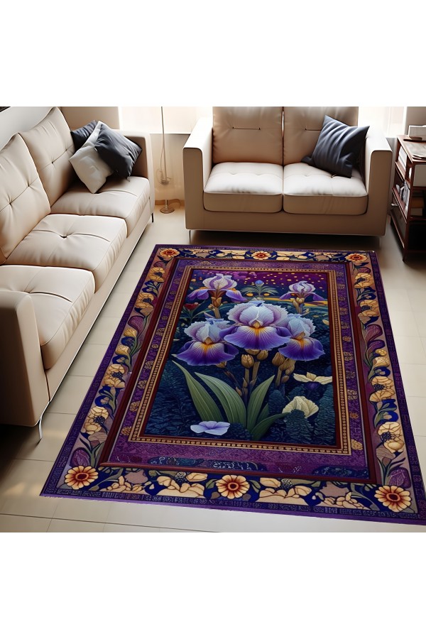 Mor Çiçek Desenli Dokuma Şönil Kilim Halı Yıkanabilir Salon Oturma Odası Mutfak Halısı