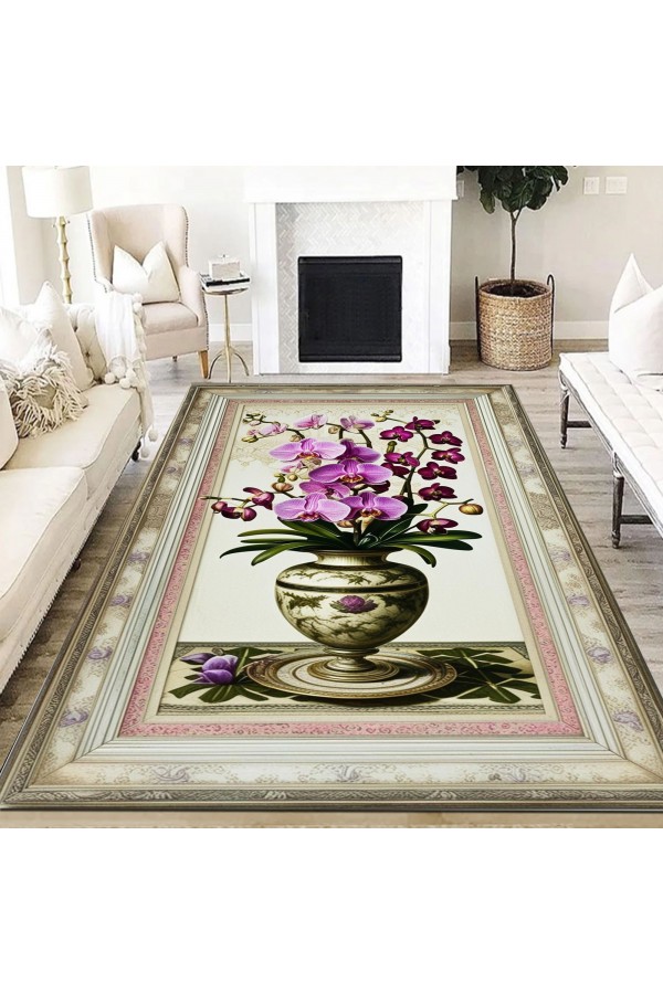 Mor Orkide Desenli Dokuma Şönil Kilim Halı Yıkanabilir Salon Oturma Odası Mutfak Halısı