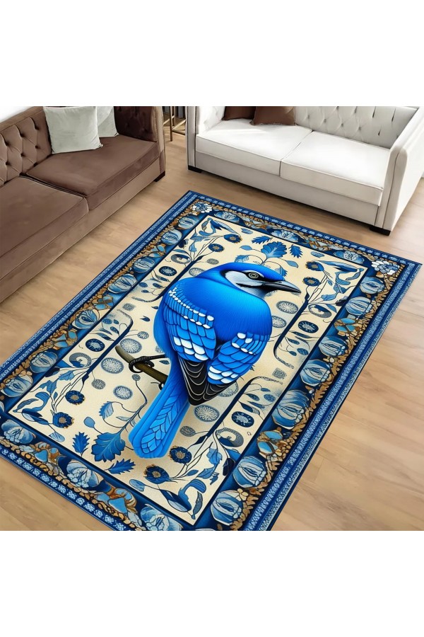 Mavi Kuş Desenli Dokuma Şönil Kilim Halı Yıkanabilir Salon Oturma Odası Mutfak Halısı