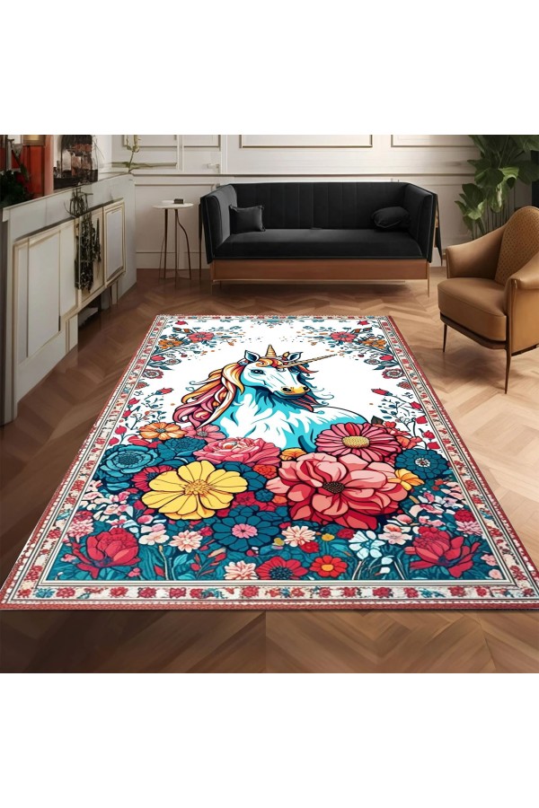Unicorn Çocuk Desenli Dokuma Şönil Kilim Halı Yıkanabilir Salon Oturma Odası Çocuk Mutfak Halısı