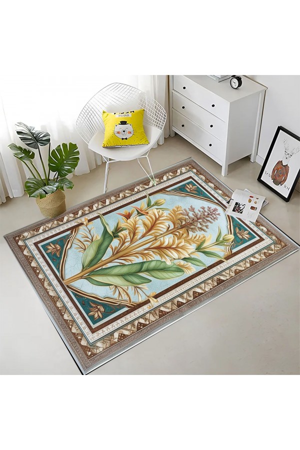 Retro Sarı Çiçek Desenli Dokuma Şönil Kilim Halı Yıkanabilir Salon Oturma Odası Mutfak Halısı