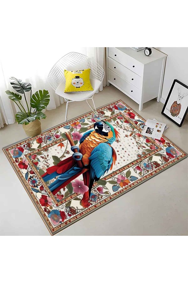 Renkli Papağan Desenli Dokuma Şönil Kilim Halı Yıkanabilir Salon Oturma Odası Mutfak Halısı