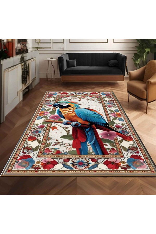 Renkli Papağan Desenli Dokuma Şönil Kilim Halı Yıkanabilir Salon Oturma Odası Mutfak Halısı