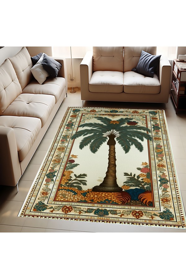 Palmiye Ağaç Desenli Dokuma Şönil Kilim Halı Yıkanabilir Salon Oturma Odası Mutfak Halısı