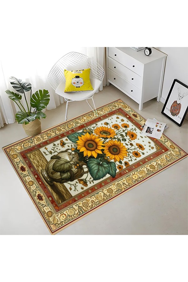 Ay Çiçeği Vazo Desenli Dokuma Şönil Kilim Halı Yıkanabilir Salon Oturma Odası Mutfak Halısı