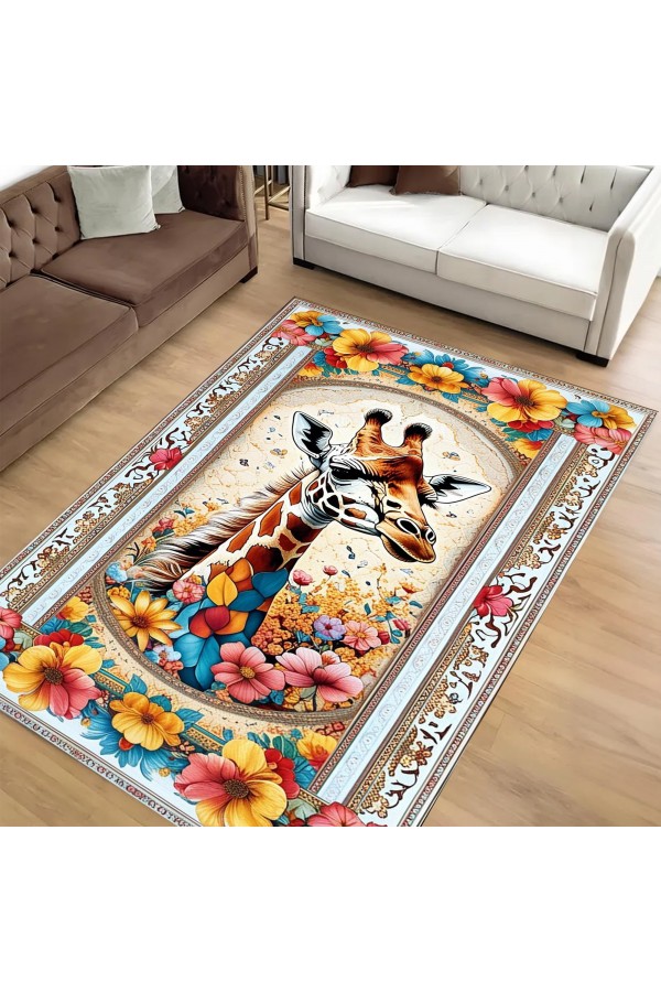 Zürafa Çiçek Desenli Dokuma Şönil Kilim Halı Yıkanabilir Salon Oturma Odası Mutfak Halısı