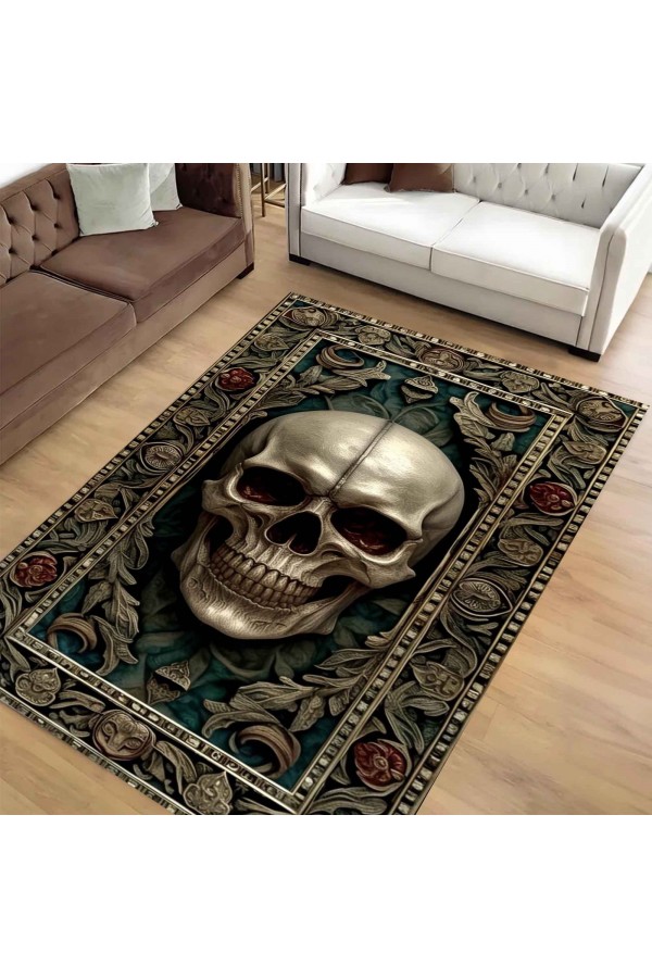 Gotik Kuru Kafa Desenli Dokuma Şönil Kilim Halı Yıkanabilir Salon Oturma Odası Mutfak Halısı