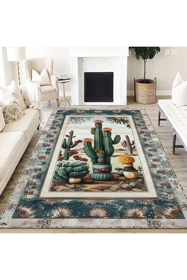 Kaktüs Vahşi Batı Desenli Dokuma Şönil Kilim Halı Yıkanabilir Salon Oturma Odası Mutfak Halısı