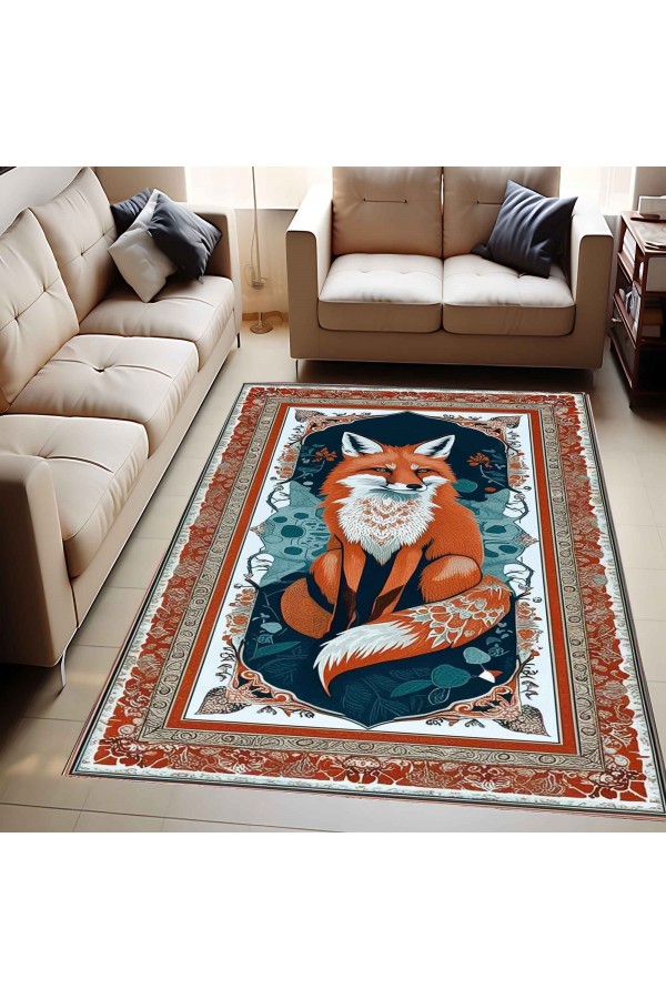 Turuncu Tilki Desenli Dokuma Şönil Kilim Halı Yıkanabilir Salon Oturma Odası Mutfak Halısı