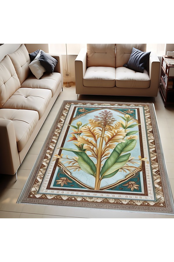 Retro Sarı Çiçek Desenli Dokuma Şönil Kilim Halı Yıkanabilir Salon Oturma Odası Mutfak Halısı