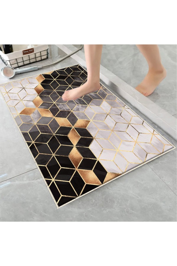Gri Çizgi Mermer Desenli Tekli Banyo Paspas Halısı Kaymaz Yıkanabilir