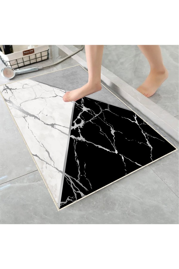 Gri Siyah Karolar Desenli Tekli Banyo Paspas Halısı Kaymaz Yıkanabilir