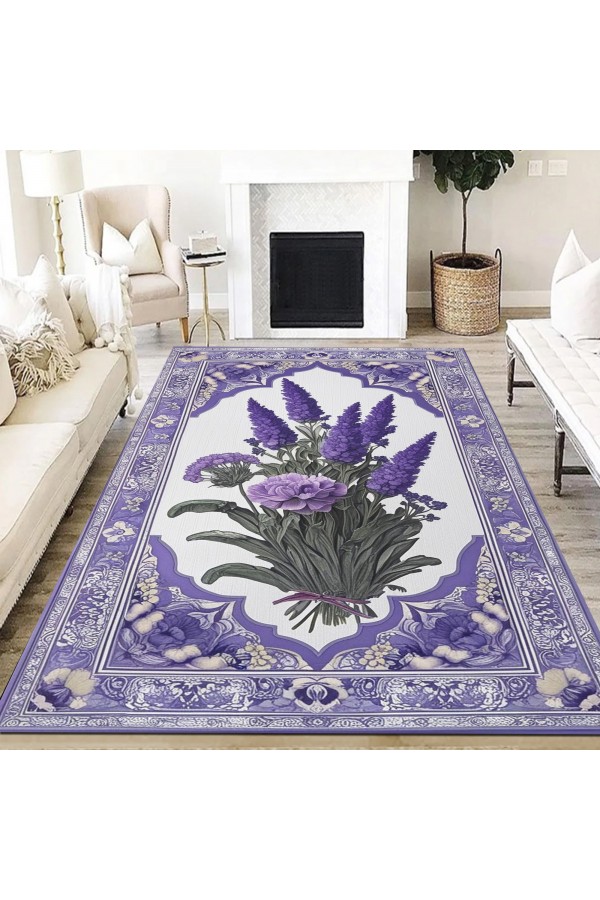 Mor Lavanta Desenli Dokuma Şönil Kilim Halı Yıkanabilir Salon Oturma Odası Mutfak Halısı