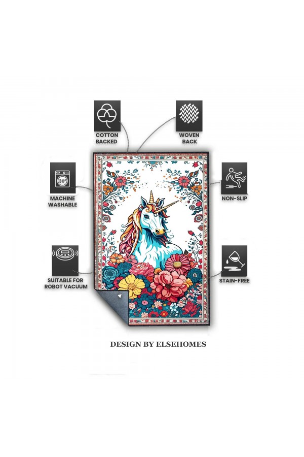 Unicorn Çocuk Desenli Dokuma Şönil Kilim Halı Yıkanabilir Salon Oturma Odası Çocuk Mutfak Halısı