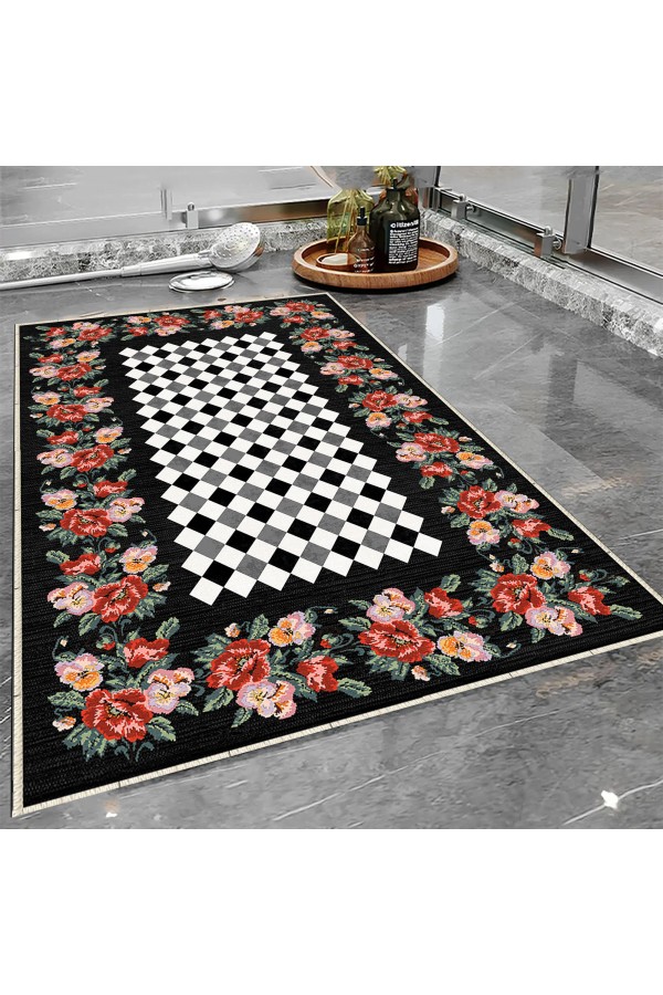 Retro Çiçekler Desenli Tekli Banyo Paspas Halısı Kaymaz Yıkanabilir