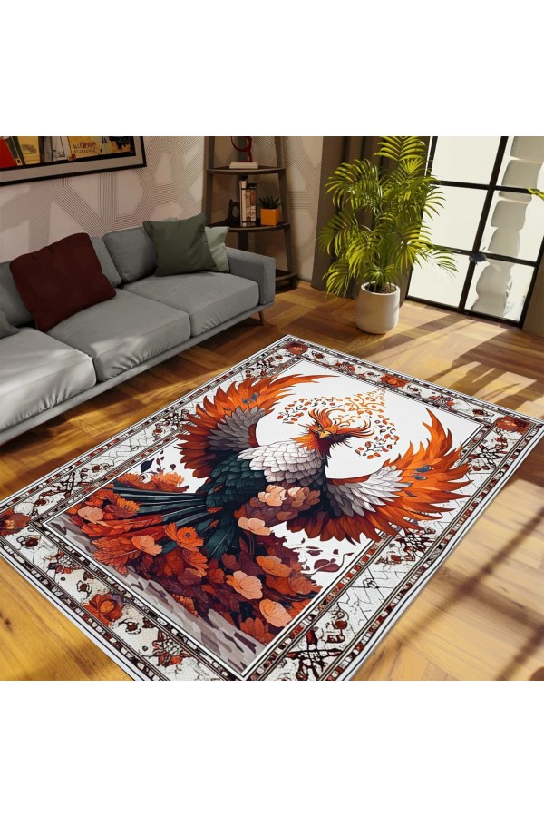 Turuncu Anka Kuşu Desenli Dokuma Şönil Kilim Halı Yıkanabilir Salon Oturma Odası Mutfak Halısı