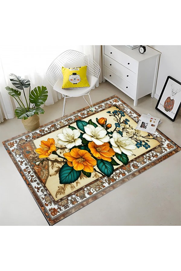Sarı Beyaz Çiçek Desenli Dokuma Şönil Kilim Halı Yıkanabilir Salon Oturma Odası Mutfak Halısı
