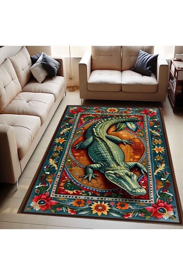 Timsah Desenli Dokuma Şönil Kilim Halı Yıkanabilir Salon Oturma Odası Mutfak Halısı