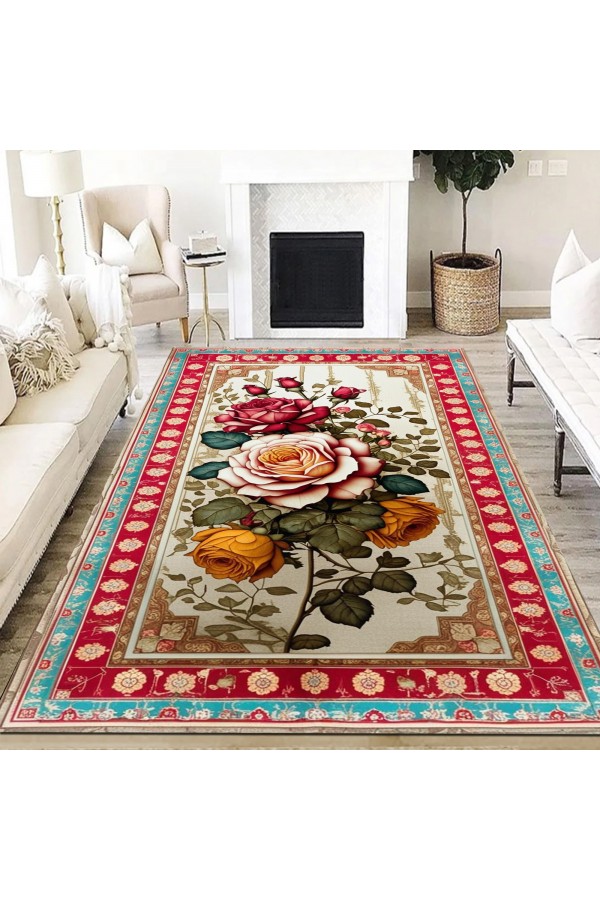 Renkli Retro Çiçek Desenli Dokuma Şönil Kilim Halı Yıkanabilir Salon Oturma Odası Mutfak Halısı