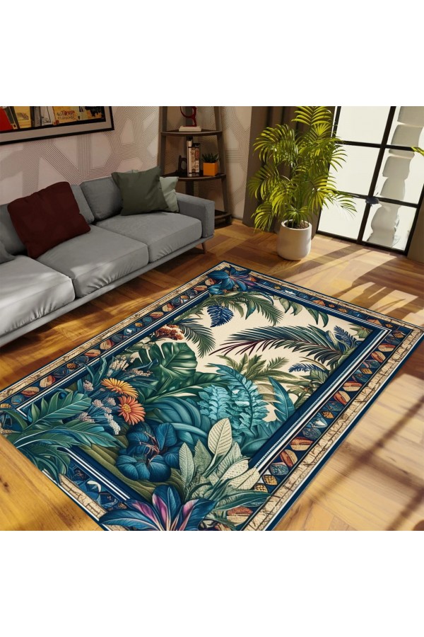 Tropikal Orman Desenli Dokuma Şönil Kilim Halı Yıkanabilir Salon Oturma Odası Mutfak Halısı