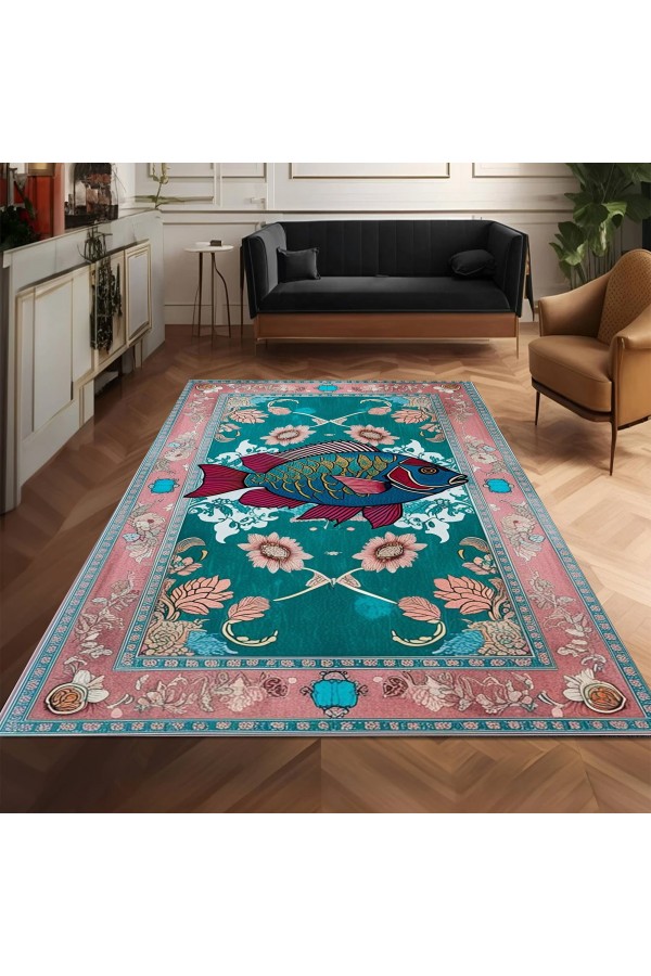 Retro Balık Desenli Dokuma Şönil Kilim Halı Yıkanabilir Salon Oturma Odası Mutfak Halısı