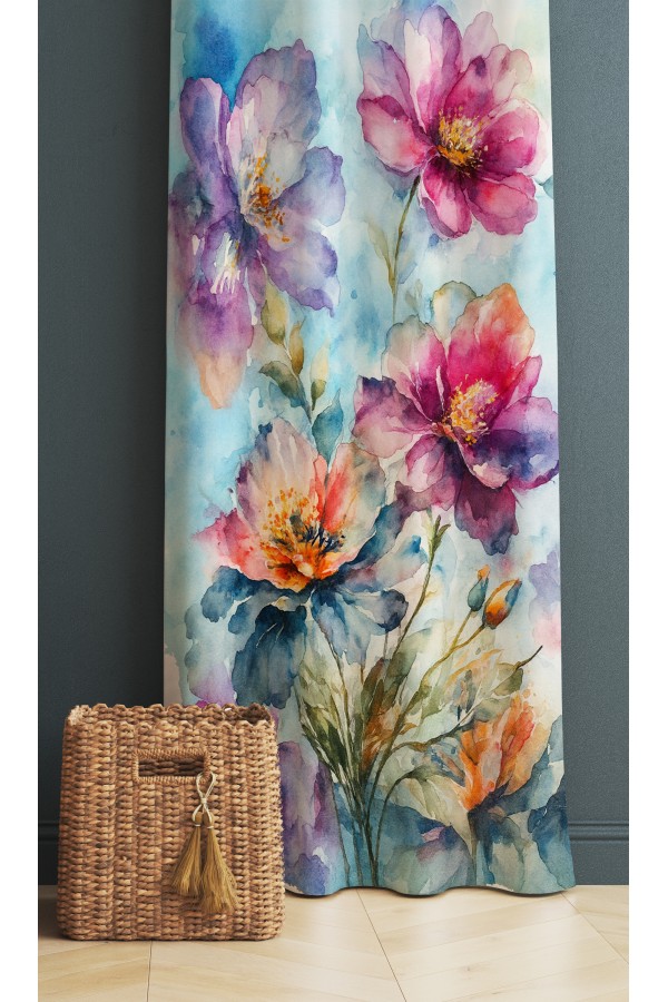 Suluboya Çiçek Desenli Dijital Baskı Fon Perde 140x260cm