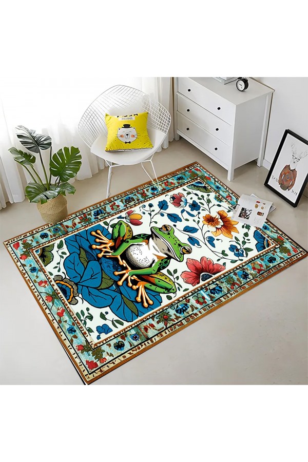 Kurbağa Desenli Dokuma Şönil Kilim Halı Yıkanabilir Salon Oturma Odası Mutfak Halısı