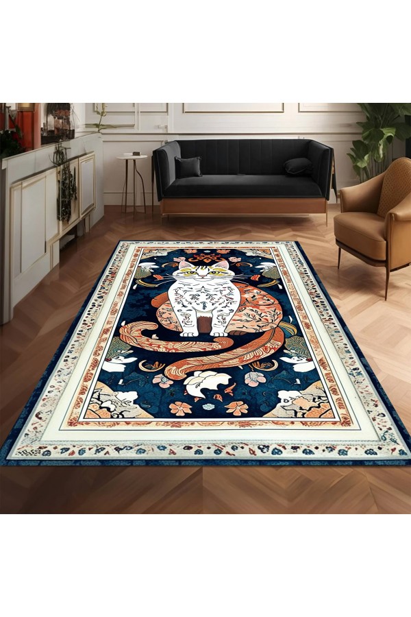 Mistik Kedi Desenli Dokuma Şönil Kilim Halı Yıkanabilir Salon Oturma Odası Mutfak Halısı