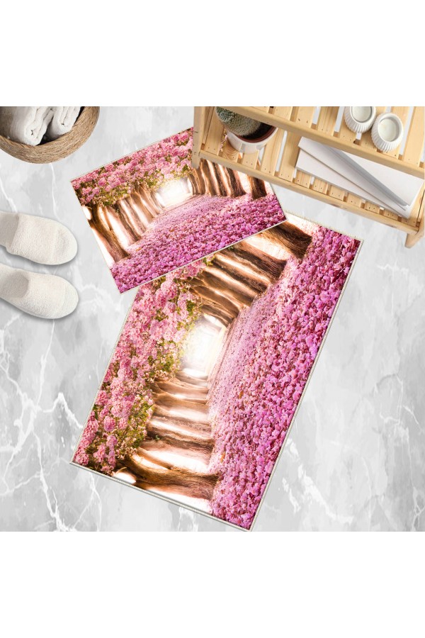 Pembe Ağaçlar Aşk Yolu Desenli 2 li Klozet Takımı Banyo Paspas Halısı Kaymaz Yıkanabilir Pembe Ağaçlar Aşk Yolu Desenli 2 li Klozet Takımı Banyo Paspas Halısı Kaymaz Yıkanabilir
