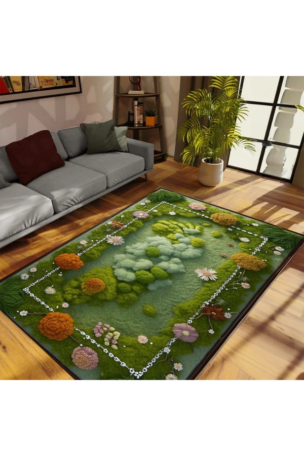 Moss Çimen Desenli Dokuma Şönil Kilim Halı Yıkanabilir Salon Oturma Odası Mutfak Halısı