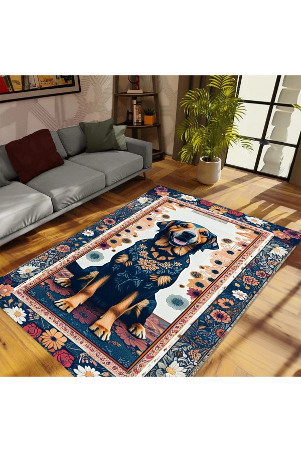 Renkli Köpek Desenli Dokuma Şönil Kilim Halı Yıkanabilir Salon Oturma Odası Mutfak Halısı
