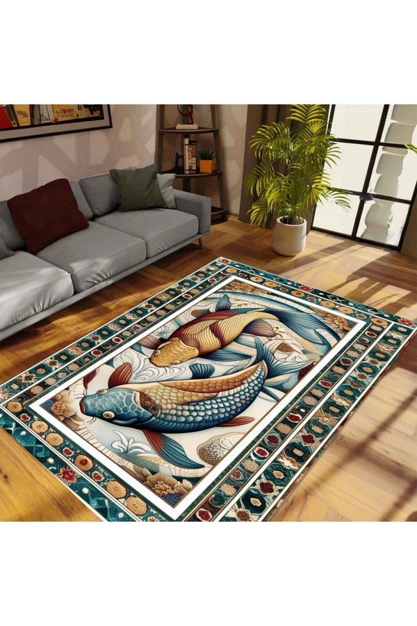 Renkli Balık Desenli Dokuma Şönil Kilim Halı Yıkanabilir Salon Oturma Odası Mutfak Halısı