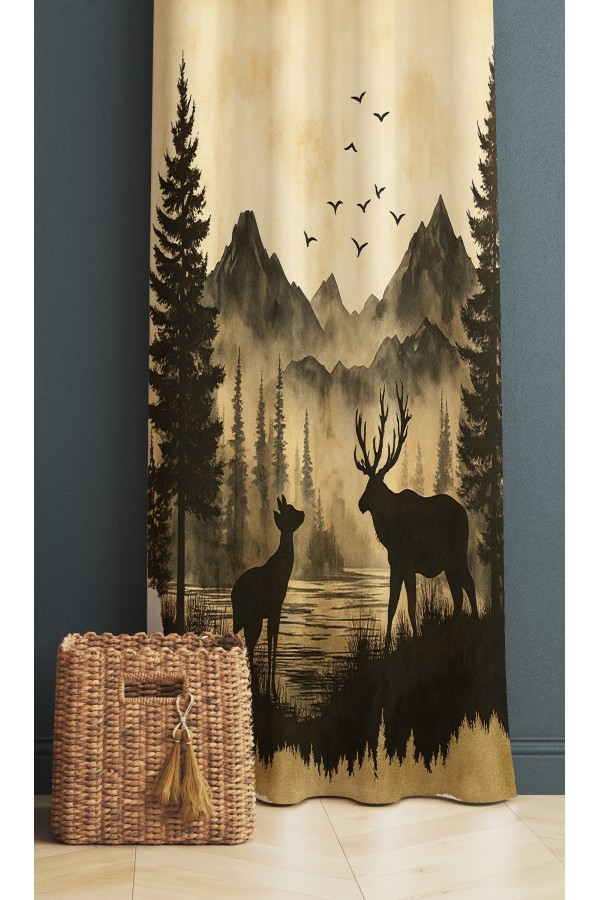 Dağ Manzaralı Geyik Desenli Dijital Baskı Fon Perde 140x260cm