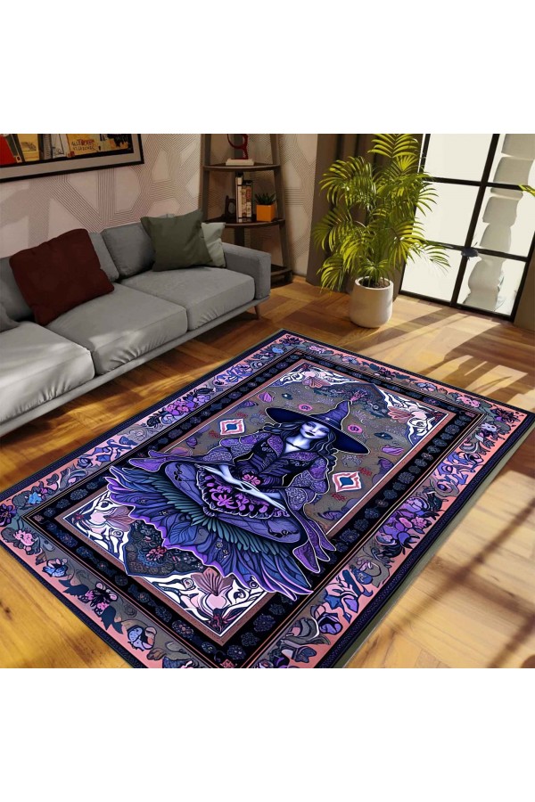Gotik Mor Cadı Desenli Dokuma Şönil Kilim Halı Yıkanabilir Salon Oturma Odası Mutfak Halısı