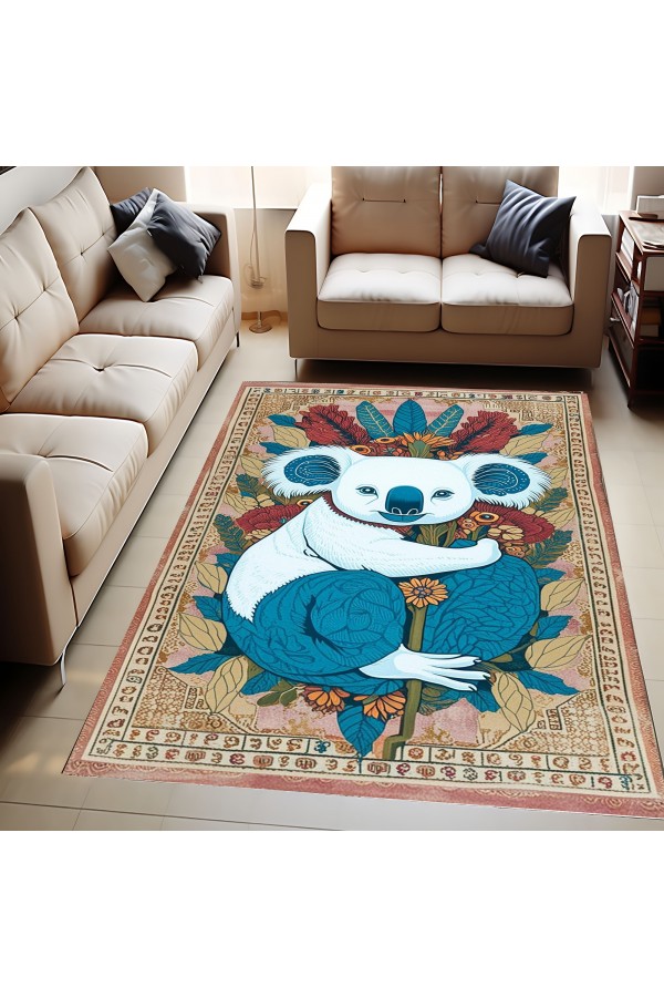 Retro Koala Desenli Dokuma Şönil Kilim Halı Yıkanabilir Salon Oturma Odası Mutfak Halısı