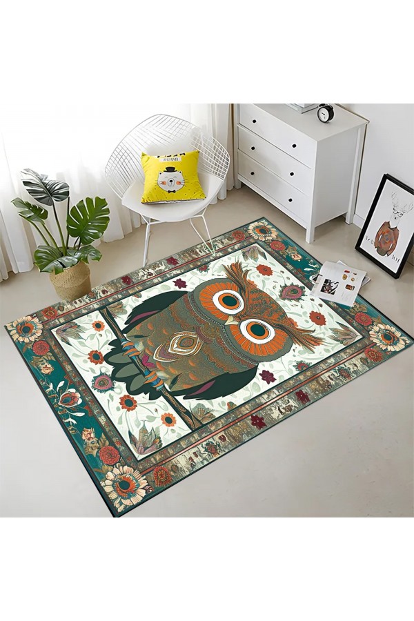 Baykuş Desenli Dokuma Şönil Kilim Halı Yıkanabilir Salon Oturma Odası Mutfak Halısı