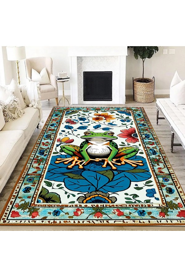 Kurbağa Desenli Dokuma Şönil Kilim Halı Yıkanabilir Salon Oturma Odası Mutfak Halısı