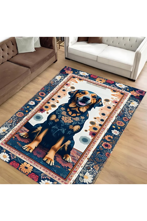 Renkli Köpek Desenli Dokuma Şönil Kilim Halı Yıkanabilir Salon Oturma Odası Mutfak Halısı
