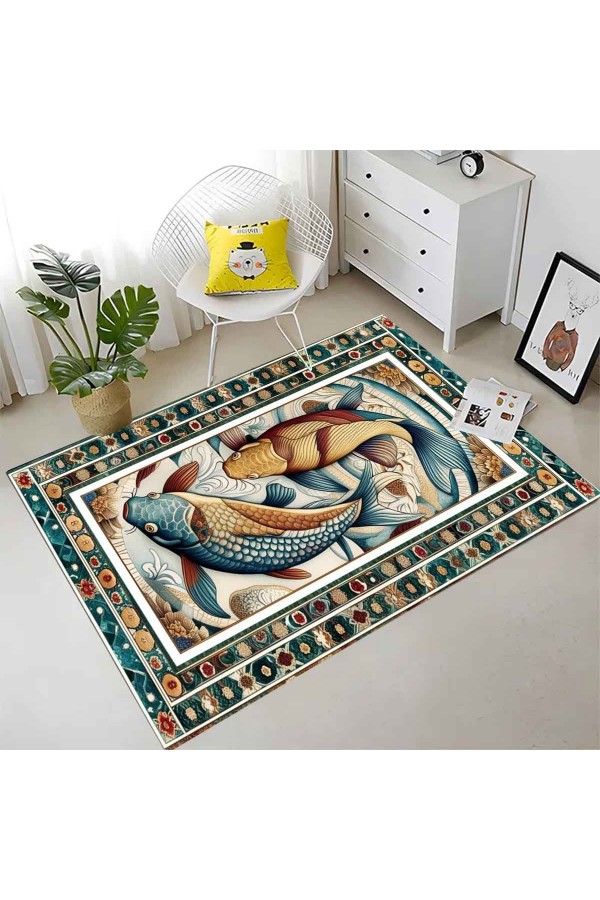 Renkli Balık Desenli Dokuma Şönil Kilim Halı Yıkanabilir Salon Oturma Odası Mutfak Halısı